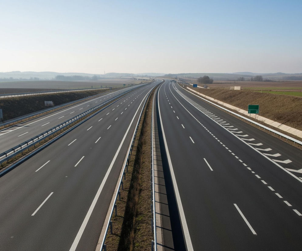 Dwie równoległe, ciemnoszare jezdnie autostradowe, oddzielone szerokim, porośniętym trawą pasem zieleni i barierkami ochronnymi, biegną w głąb kadru, tworząc wyraźne linie perspektywy. Każda jezdnia ma trzy pasy ruchu, oznaczone białymi, przerywanymi liniami, z wyjątkiem prawego pasa prawiej jezdni, który posiada dodatkowe białe strzałki kierunkowe. Po obu stronach autostrady rozciągają się pola uprawne w odcieniach brązu i zieleni, a w oddali widoczna jest linia horyzontu z zarysem wzgórz i drzew, wszystko pod jasnym, bezchmurnym niebem. Na poboczu prawej jezdni znajduje się zielony znak drogowy z czarną ramką i piktogramem.