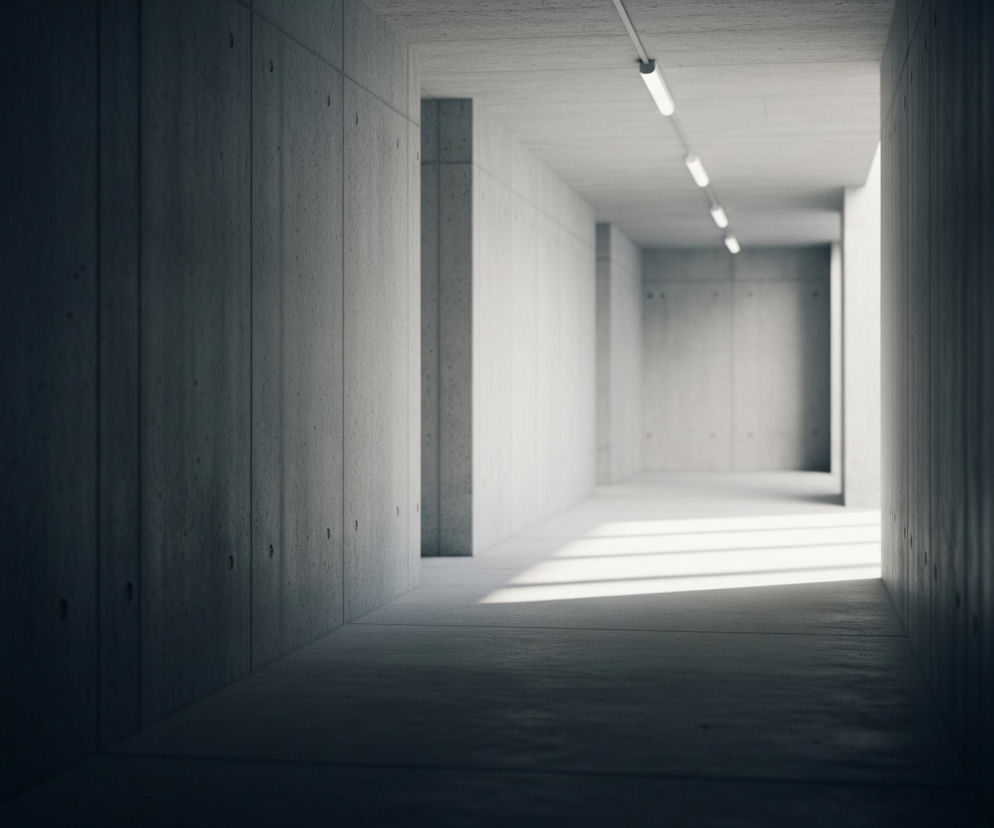 Długi korytarz o betonowych ścianach i podłodze rozciąga się w głąb obrazu. Po lewej stronie dominuje cień, który stopniowo ustępuje miejsca jasnemu światłu na dalszym planie, tworząc kontrast. Na suficie w centralnej części biegnie rząd podłużnych, świecących lamp, równomiernie rozmieszczonych. Po prawej stronie widać jasno oświetloną ścianę oraz fragment podłogi z wyraźnymi promieniami światła.