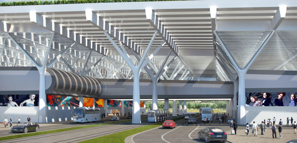 Wizualizacja terminala lotniska we Florencji z winnicą na dachu według projektu architekta Rafaela_Vinoly