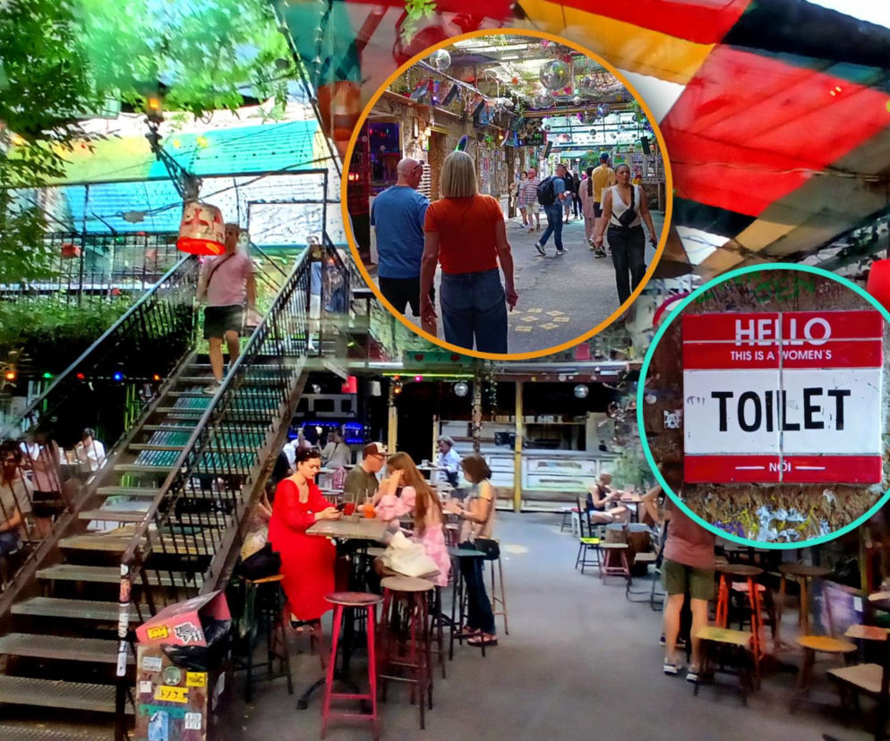 Wnętrze pubu Szimpla Kert. Na miniaturach spacerujący ludzie i napis Toilet. O atrakcjach Budapesztu przeczytasz na SE.