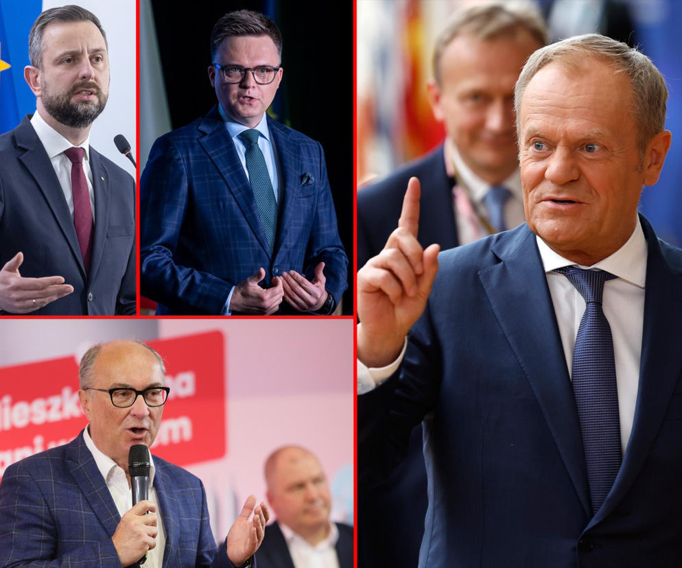 Donald Tusk z uniesionym palcem. Obok Władysław Kosiniak-Kamysz, Szymon Hołownia i Włodzimierz Czarzasty. Czytaj w SE Polityka.