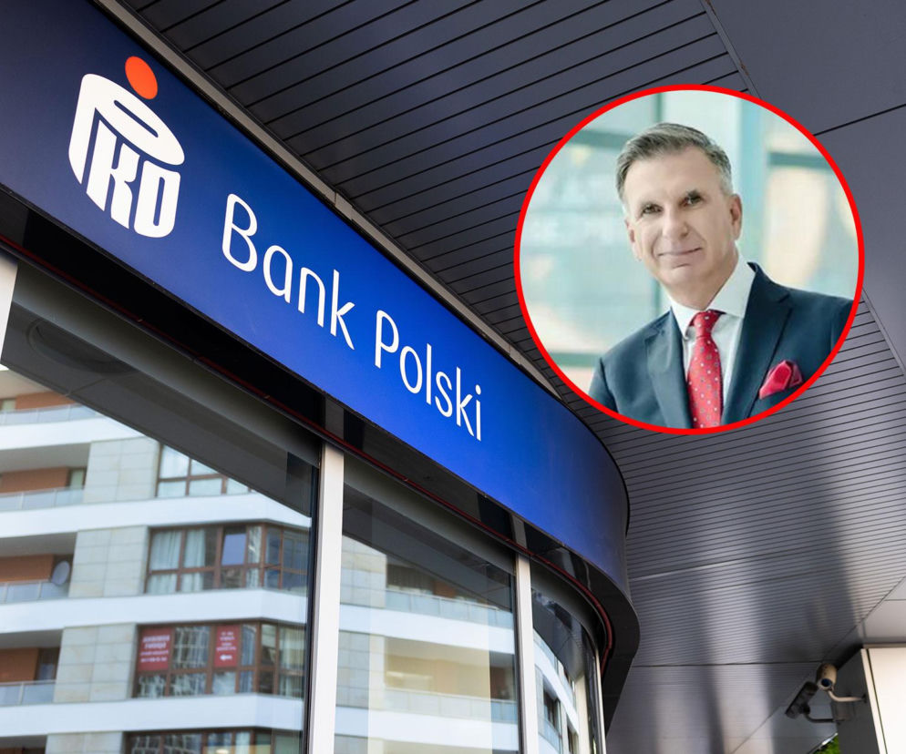 Logo PKO Banku Polskiego na budynku banku oraz wizerunek Wojciecha Papieraka w czerwonej ramce, omawianego w Super Biznes w kontekście powrotu do zarządu banku.
