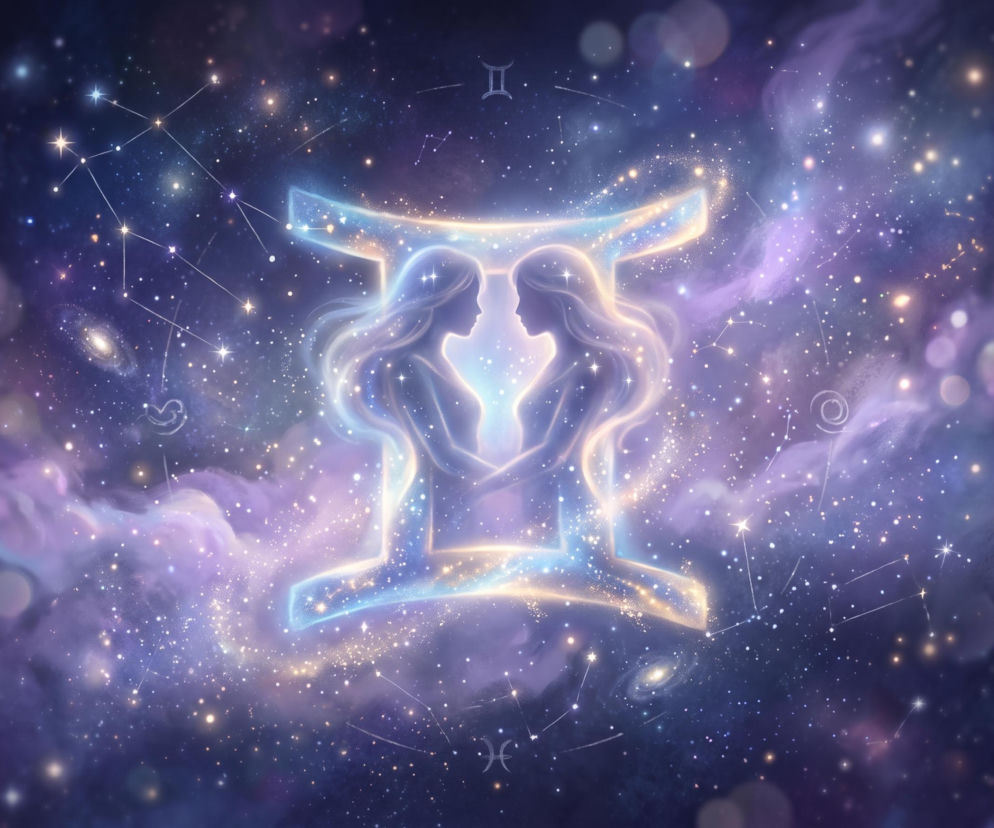 Świecący symbol zodiaku Bliźniąt z sylwetkami kobiet na tle kosmosu. O horoskopie dla Bliźniąt przeczytasz w Eska.