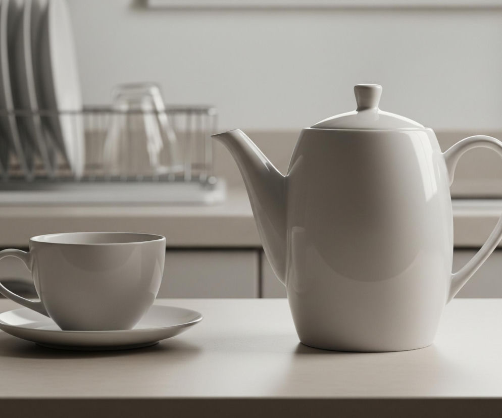 Na blacie kuchennym, w centrum kadru, stoi biały czajnik z uchwytem i dziobkiem, po prawej stronie. Obok niego, na lewo, znajduje się biała filiżanka na spodku. W tle, na drugim blacie, widoczny jest metalowy ociekacz z ułożonymi pionowo białymi talerzami oraz szklankami, a dalej zlew z błyszczącym kranem. Całość utrzymana jest w jasnej, neutralnej kolorystyce beży i bieli.