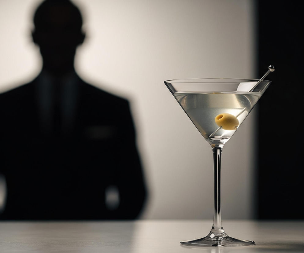 Szklanka koktajlowa typu martini, wypełniona przezroczystym płynem, stoi na jasnym blacie w prawym centrum kadru. W płynie tkwi jedna oliwka, nabita na metalowy patyczek z kulistym zakończeniem. Tło po lewej stronie stanowi rozmyta, czarna sylwetka osoby w garniturze, z niewyraźnym zarysem głowy i ramion, rzucająca cień na jasną ścianę. Prawa część tła jest ciemna, niemal czarna, oddzielona pionową, ostro zarysowaną linią od jaśniejszej lewej strony.