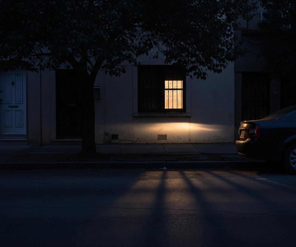 Uliczna scena nocna ukazuje kamienice z jasnym, prostokątnym oknem z metalowymi kratami w centrum kadru, emanującym ciepłym, pomarańczowym światłem na chodnik i jezdnię. Na chodniku, po lewej stronie, stoi białe drzwi z podłużnym szyldem, a przed nim rośnie ciemne drzewo z rozłożystymi liśćmi, przesłaniające górną część fasady. Na prawo od okna znajduje się ciemny, zaparkowany samochód, którego lewy reflektor również oświetla część drogi, tworząc długie, rozmazane cienie na ciemnym asfalcie.