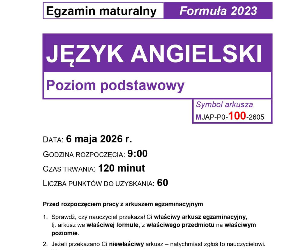 Arkusze maturalne z angielskiego podstawowego 2026 - wersja A i B