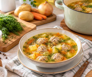 Zupa klopsikowa w 30 minut. Ziemniaki, koperek i miękkie klopsiki robią cały obiad 