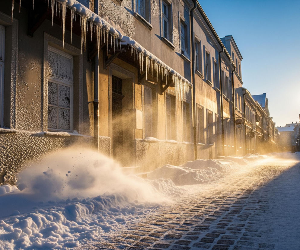 Ulica wybrukowana kostką, pokryta cienką warstwą śniegu, rozciąga się w perspektywie, prowadząc wzrok w kierunku zachodzącego słońca, które rzuca długie, pomarańczowe światło. Po lewej stronie widać ścianę budynku pokrytą szronem i licznymi, długimi soplami zwisającymi z okapów, a obok niej unosi się obłok rozwianego śniegu. Po prawej stronie, w oddali, samotna postać ubrana na ciemno idzie w kierunku jasnego światła.