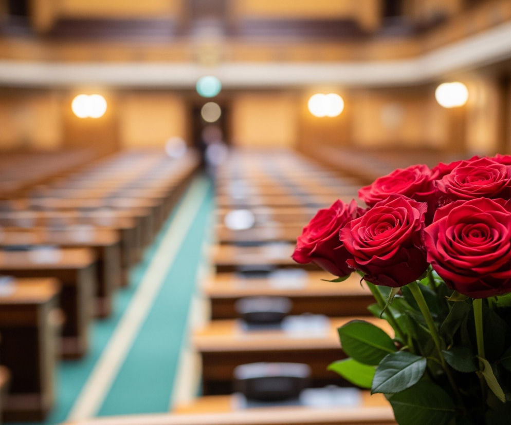 Bukiet czerwonych róż z zielonymi liśćmi znajduje się na pierwszym planie, w dolnym prawym rogu obrazu, będąc ostro zogniskowany. W tle rozpościera się rozmyta przestrzeń wnętrza, prawdopodobnie sali konferencyjnej lub wykładowej, z rzędami drewnianych stołów i krzeseł, ułożonych symetrycznie po obu stronach centralnego, zielonego chodnika. Na ścianach widać jasne, rozproszone źródła światła, a całe tło jest utrzymane w ciepłych odcieniach brązu i beżu.