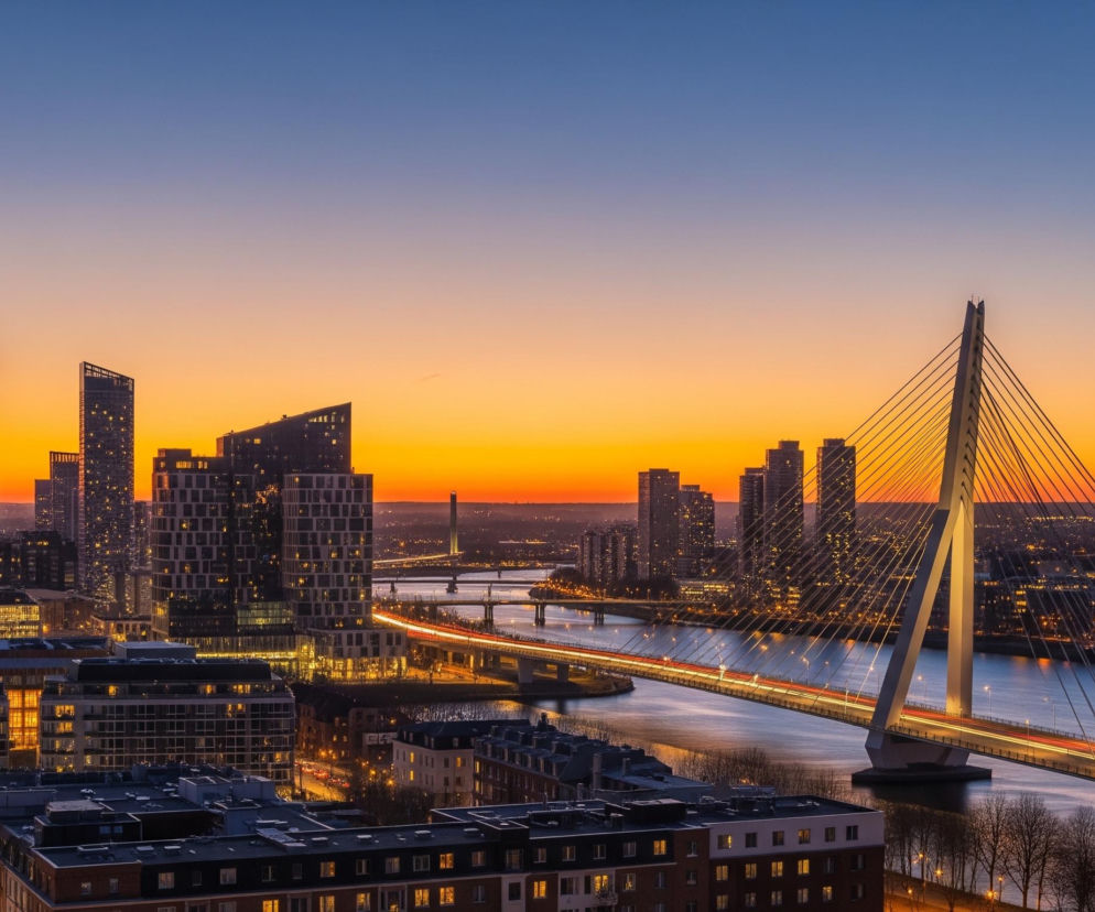 Panorama miejska o zachodzie słońca ukazuje nowoczesne wieżowce z rozświetlonymi oknami po lewej stronie kadru, kontrastujące z pomarańczowo-niebieskim niebem. Przez środek obrazu, od lewej do prawej, płynie rzeka, którą przecina okazały most wantowy z charakterystycznym, białym pylonem i jasnymi smugami świateł pojazdów na jezdni. Na horyzoncie widoczne są dalsze, rozproszone światła miasta, zanikające w zmierzchu.
