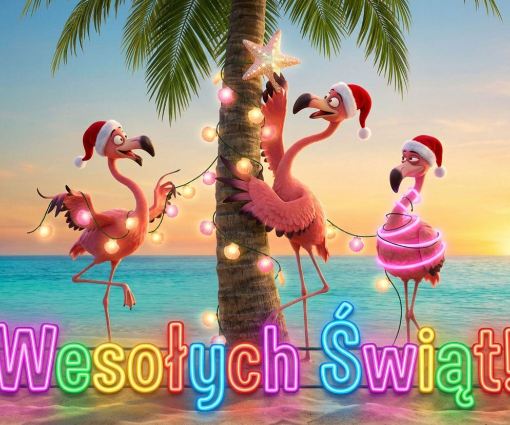 Świąteczne flamingi dekorujące palmę