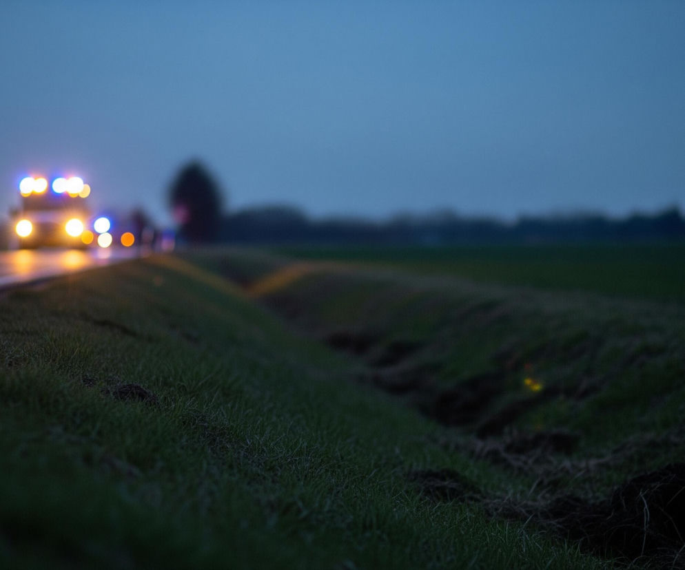 Fragment krajobrazu o zmierzchu lub w nocy, z ostrym pierwszym planem trawy i rozmyciem dalszych obiektów. Na lewo widoczna jest ciemna nawierzchnia drogi z białymi liniami, a obok niej biegnie pas zielonej trawy i niewielki, pofałdowany rów. W tle, na środku i w lewo, zarysowują się jaskrawe, rozmyte światła pojazdów: dwa duże, okrągłe światła przednie w ciepłym odcieniu żółci oraz cztery mniejsze, jasne punkty w kolorze białym i niebieskim, sugerujące światła ostrzegawcze lub mijania. Niebo, zajmujące górną część kadru, jest w ciemnoniebieskim, jednolitym kolorze, a na horyzoncie zarysowuje się ciemna linia drzew.