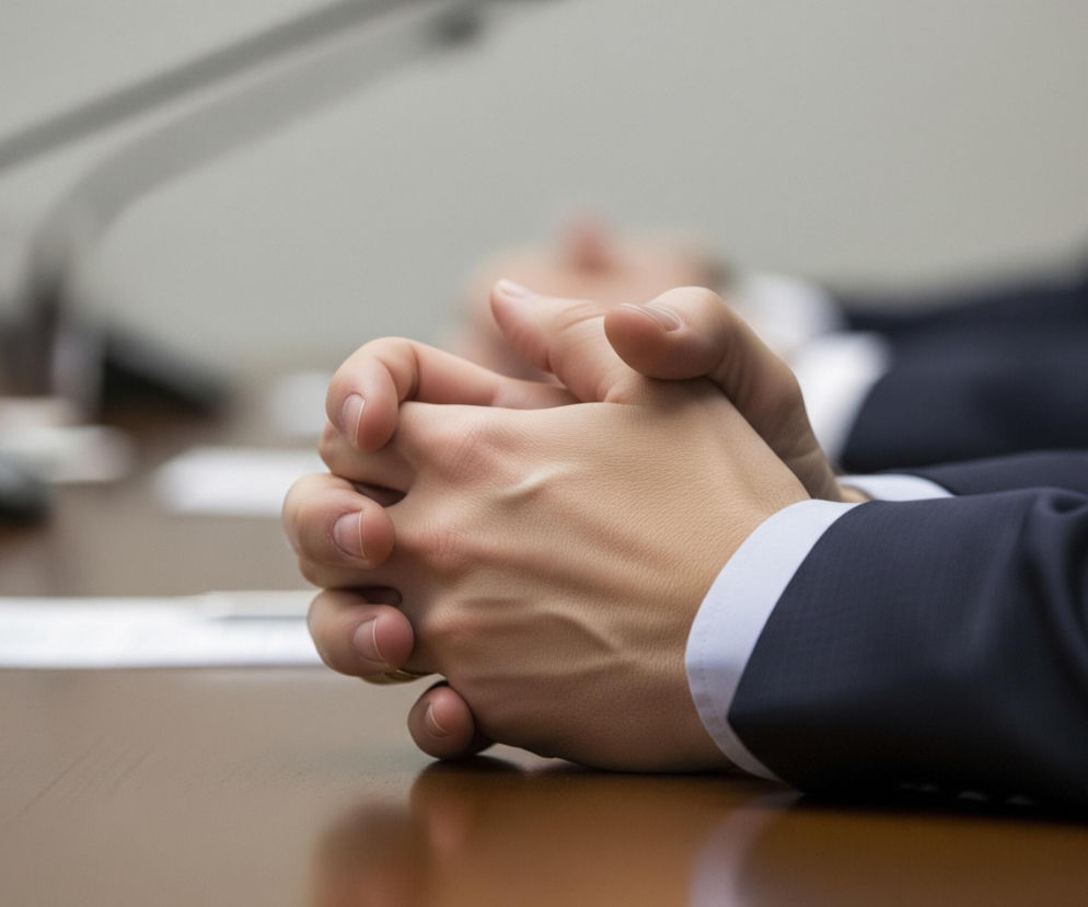 Na pierwszym planie, z prawej strony, znajdują się splecione dłonie osoby w ciemnym garniturze z białą koszulą. Skóra dłoni ma jasny, cielisty odcień, a palce są zaciśnięte. Dłonie leżą na brązowym, błyszczącym stole, który odbija ich zarys.

Po lewej stronie stołu widać pustą szklankę na białej podkładce oraz rozmazane dokumenty leżące na stole. W tle, również rozmyte, widoczne są fragmenty innych osób lub obiektów w ciemnych strojach oraz mikrofony konferencyjne.