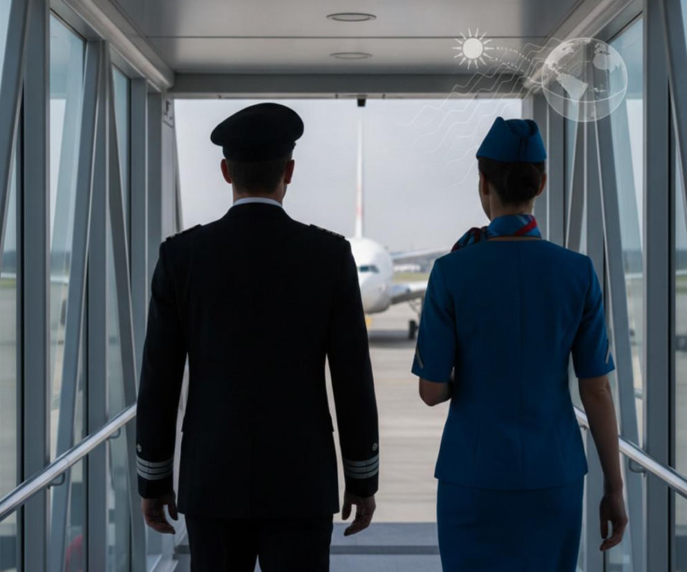 Pilot i stewardessa idą rękawem lotniczym w stronę samolotu. Obok ikona promieniowania. O zagrożeniu nowotworami czytaj na Poradnik Zdrowie.