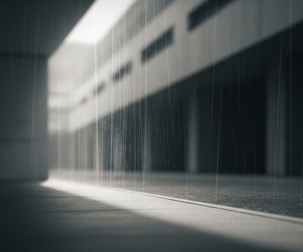 Scena przedstawia deszcz padający na taras lub chodnik, obserwowany spod dachu lub zadaszenia. Jasne smugi deszczu są wyraźnie widoczne na tle ciemniejszego budynku w tle, oświetlone przez ukośne światło. Powierzchnia ziemi jest ciemnoszara i pokryta drobnymi kropelkami wody, co sugeruje świeżo padający deszcz. Perspektywa prowadzi wzrok od bliskiego planu w lewym dolnym rogu do rozmazanych, geometrycznych form architektonicznych w oddali.