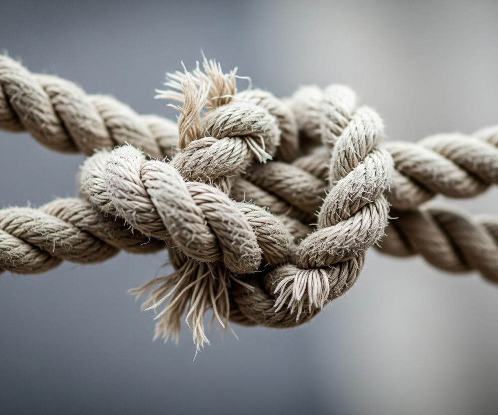 Centralnie na zdjęciu znajduje się ciasno zawiązany supeł z grubej, skręconej liny w odcieniach beżu i szarości. Wokół węzła i na jego powierzchni widoczne są wystające, postrzępione włókna, świadczące o zużyciu materiału. Lina rozciąga się poza kadr w obu kierunkach, stając się coraz bardziej rozmyta w miarę oddalania się od ostrego, centralnego punktu węzła. Tło jest jednolite, rozmyte, o zmiennej szarej tonacji, która jaśnieje w prawym górnym rogu.