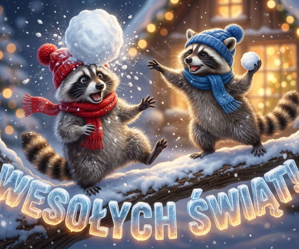 Szopy pracze bawiące się na śniegu