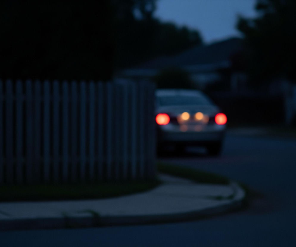 Nocny widok na ulicę osiedlową, z samochodem odjeżdżającym w oddali. Na pierwszym planie, po lewej stronie, znajduje się niewyraźny drewniany płot ogrodzeniowy z pionowych sztachet, oddzielający zielony trawnik od szarego chodnika. W tle widać ciemny samochód z jasno świecącymi czerwonymi światłami pozycyjnymi oraz dwoma pomarańczowymi światłami cofania lub kierunkowskazów, poruszający się po ciemnym asfalcie. Całe otoczenie, w tym domy i drzewa, jest bardzo słabo oświetlone, a niebo ma odcień ciemnego granatu, co sugeruje późny wieczór lub wczesny poranek.