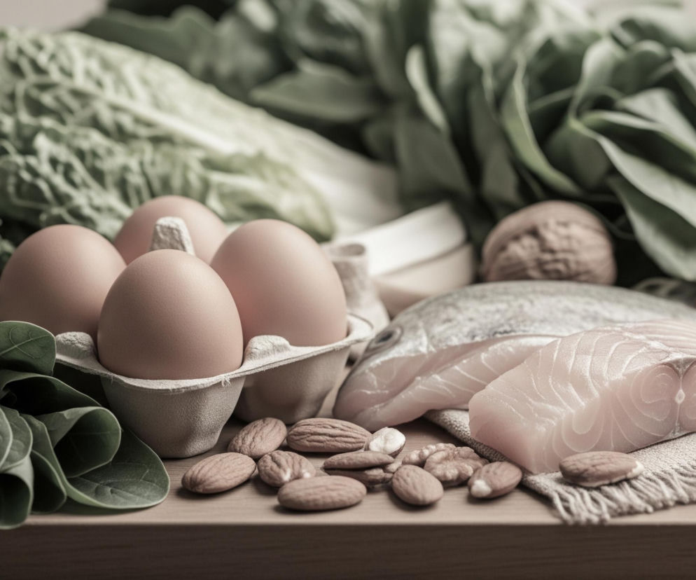 Na pierwszym planie, z lewej strony, widoczne są świeże, ciemnozielone liście szpinaku, częściowo zwinięte. Obok nich, w tekturowej wytłaczance, ułożone są cztery jasnobrązowe jajka. Dalej na prawo, na beżowej, tkanej tkaninie z frędzlami, leży duży kawałek jasnoróżowego mięsa ryby, prawdopodobnie łososia, z widoczną teksturą mięśni. Za nim częściowo widoczna jest cała, nieobrobiona ryba. Na tej samej tkaninie oraz na drewnianym blacie rozsypane są migdały i orzechy włoskie, a w tle widać ciemnozielone warzywa liściaste, prawdopodobnie kapustę lub sałatę, oraz czerwoną cebulę.