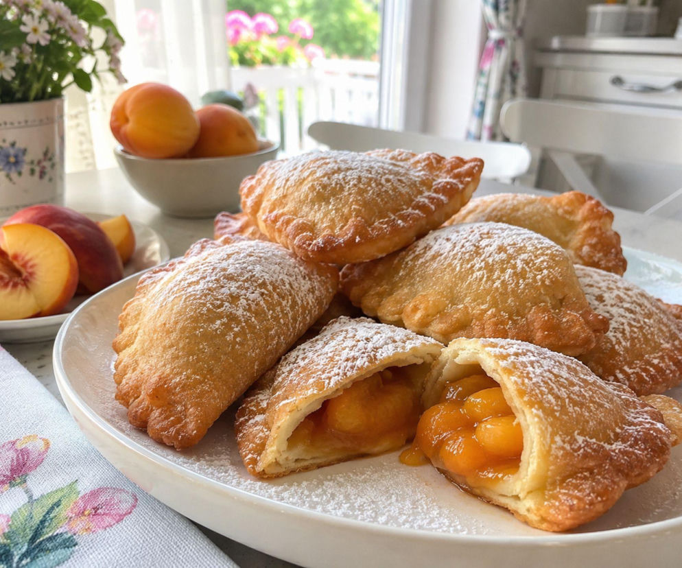 Smażone pierożki z morelami i brzoskwiniami. Na patelni stają się rumiane jak małe pączki