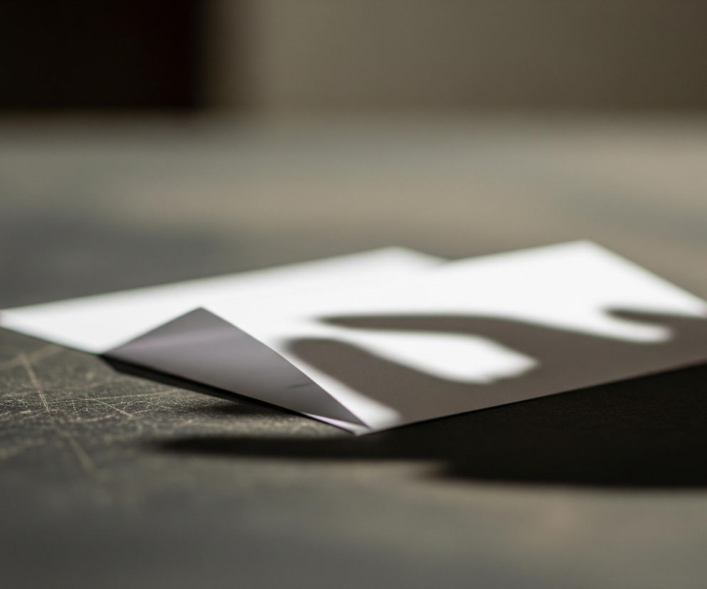 Na ciemnym, lekko porysowanym blacie stołu leży złożona kartka białego papieru, tworząc trójwymiarową formę. Na jej powierzchni, po prawej stronie, pada wyraźny cień, który przypomina zarys ludzkiej dłoni z rozstawionymi palcami. Tło zdjęcia jest rozmazane, utrzymane w ciemnych, szaro-brązowych barwach.