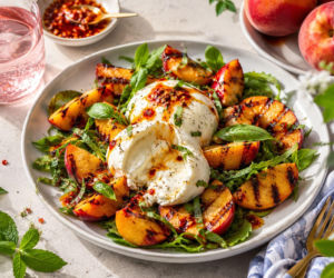 Grillowane brzoskwinie, burrata i pikantny dressing. Letnia sałatka, która ucieka od oczywistej słodyczy