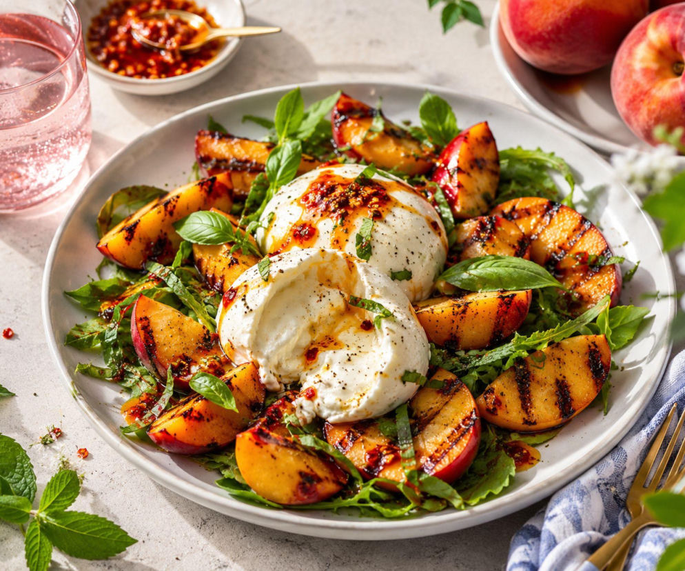 Grillowane brzoskwinie, burrata i pikantny dressing. Letnia sałatka, która ucieka od oczywistej słodyczy
