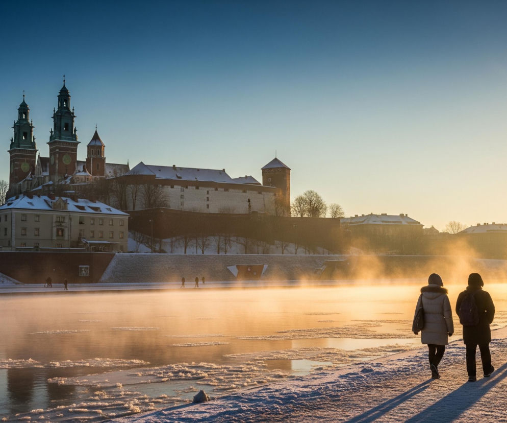 Na pierwszym planie, z prawej strony, idą trzy osoby ubrane w zimowe płaszcze, odwrócone plecami do widza. Idą po zaśnieżonym brzegu rzeki, która jest pokryta mgłą, rozświetloną przez nisko położone słońce po prawej stronie kadru, tworząc pomarańczowe i żółte refleksy na wodzie oraz smugach mgły. Na dalszym planie widoczny jest kompleks budynków z czerwonymi dachami pokrytymi śniegiem oraz dwiema wysokimi wieżami, otoczony murem obronnym i kilkoma budynkami mieszkalnymi. Niebo jest bezchmurne, przechodzące od ciemnego błękitu w górnej części do jasnego pomarańczowego horyzontu.