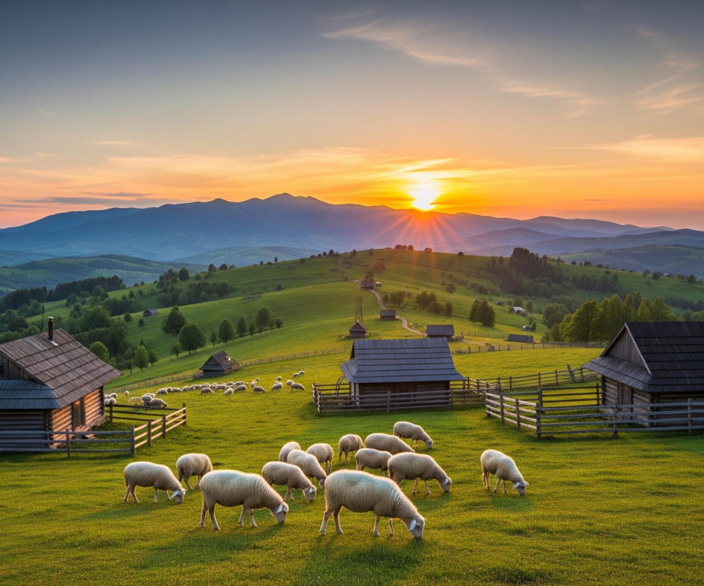 Na pierwszym planie, w dolnej części obrazu, grupa jasnych owiec pasie się na soczyście zielonej trawie. W tle rozciąga się pagórkowaty krajobraz, usiany drewnianymi chatkami z ciemnymi dachami oraz licznymi, drewnianymi płotami otaczającymi pastwiska, na których widać więcej owiec. W oddali dominują pasma górskie o niebieskich odcieniach, a horyzont rozjaśnia się w blasku zachodzącego słońca, które promieniuje intensywnym pomarańczowo-żółtym światłem, tworząc smugi na niebie w odcieniach pomarańczu, różu i błękitu.