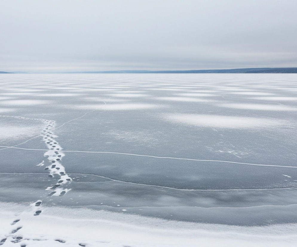 Zamrożona powierzchnia rozciąga się w nieskończoność pod pochmurnym, szarym niebem. Ślady stóp widoczne są na śniegu i lodzie, tworząc wyrazistą ścieżkę od dolnego lewego rogu obrazu w kierunku centrum. Powierzchnia jeziora pokryta jest warstwami lodu i śniegu, z ciemniejszymi, gładkimi obszarami lodu przeplatanymi jaśniejszymi, nieregularnymi płatami śniegu, układającymi się w wzór przypominający szachownicę w oddali. Na horyzoncie widoczne są ciemne, zalesione brzegi jeziora, a za nimi rozciągają się odległe góry w bladoszarym odcieniu.