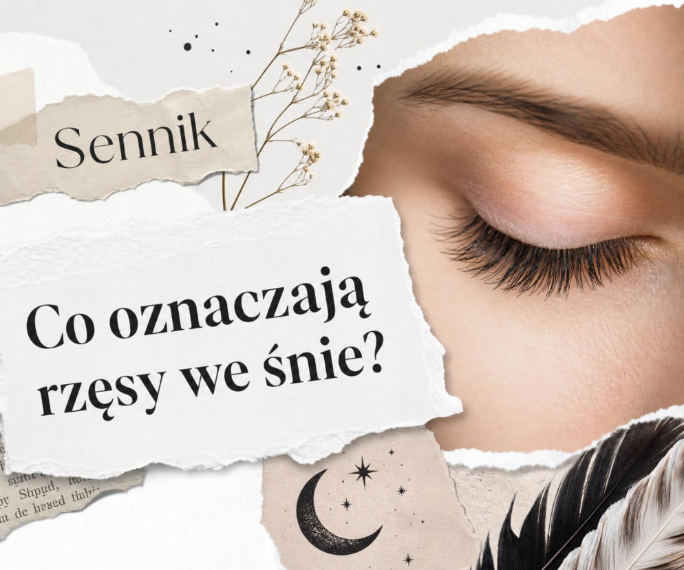 Zamknięte oko z długimi rzęsami i napis: Co oznaczają rzęsy we śnie? O symbolice snu przeczytasz na SE.