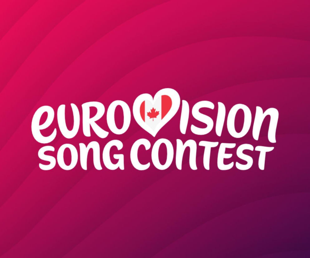 Logo Eurovision Song Contest z liściem klonu w sercu na fioletowym tle. O debiucie Kanady przeczytasz na Eska.