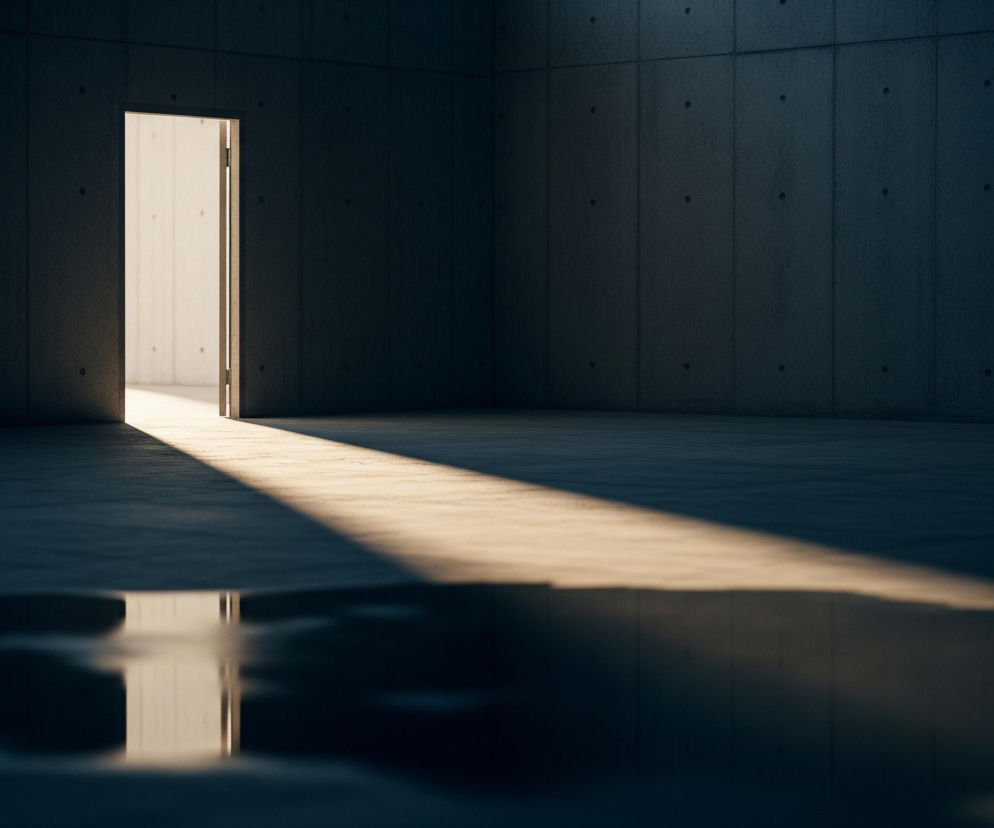 W centrum kadru widoczne są otwarte drzwi, przez które wpada jasne, ciepłe światło, tworząc długi, prostopadły do ściany pas na ciemnej podłodze. Pomieszczenie ma betonowe ściany i podłogę w odcieniach szarości i granatu, z widocznymi prostokątnymi panelami oraz okrągłymi zagłębieniami. W lewym dolnym rogu znajduje się kałuża lub mokra plama na podłodze, odbijająca fragment jasnego światła zza drzwi.