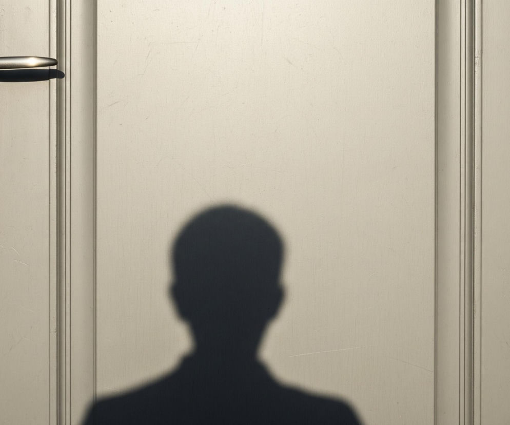 Fragment jasnoszarych, podwójnych drzwi z dekoracyjnymi listwami pionowymi. Po lewej stronie górnej części lewego skrzydła drzwi znajduje się metalowa klamka w kolorze satynowego srebra, z zamkiem w kształcie dziurki od klucza poniżej. Prawa strona prawego skrzydła drzwi posiada pionowy metalowy zawias. Na środkowej części drzwi widoczny jest wyraźny, ciemny cień postaci o zarysie głowy i ramion, rzucany z lewej strony. Powierzchnia drzwi jest nierówna, z widocznymi zarysowaniami i lekkimi uszkodzeniami farby, a oświetlenie tworzy wyraźne cienie pod klamką i listwami.