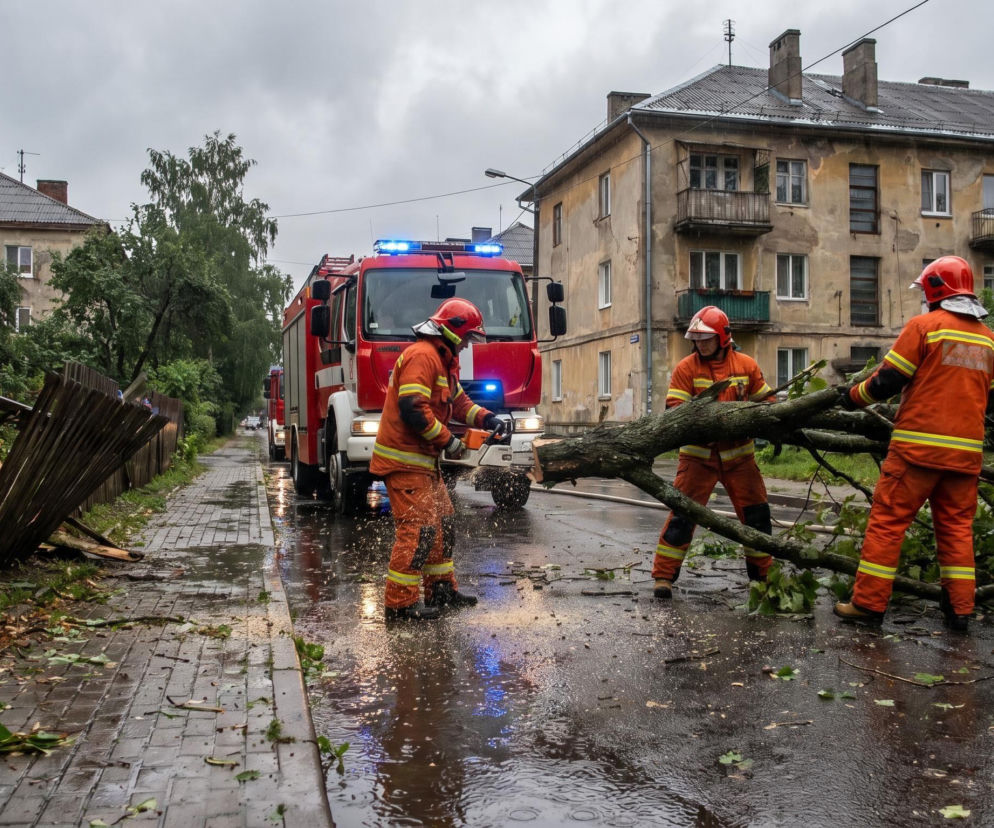 Strażacy w pomarańczowych kombinezonach usuwają powalone drzewo z mokrej ulicy w zniszczonym przez burzę mieście. Czerwony wóz strażacki z włączonymi światłami awaryjnymi stoi w tle. Więcej o interwencjach po burzach przeczytasz na naszym portalu.