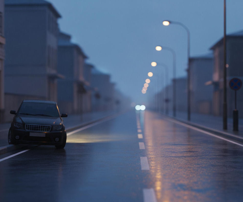 Czarny samochód stoi zaparkowany na poboczu drogi, z przodu lekko wysunięty na jezdnię, z włączonymi światłami mijania. Asfaltowa nawierzchnia ulicy jest mokra, odbijając światła latarni i sygnalizacji świetlnej, tworząc błyszczące refleksy. W tle, wzdłuż obu stron ulicy, widać szereg niskich budynków o neutralnych barwach, a w oddali, wzdłuż drogi, ciągnie się rząd świecących latarni ulicznych. Niebo jest szare, deszczowe, z drobnymi, prawie niewidocznymi kroplami deszczu spadającymi na scenę.