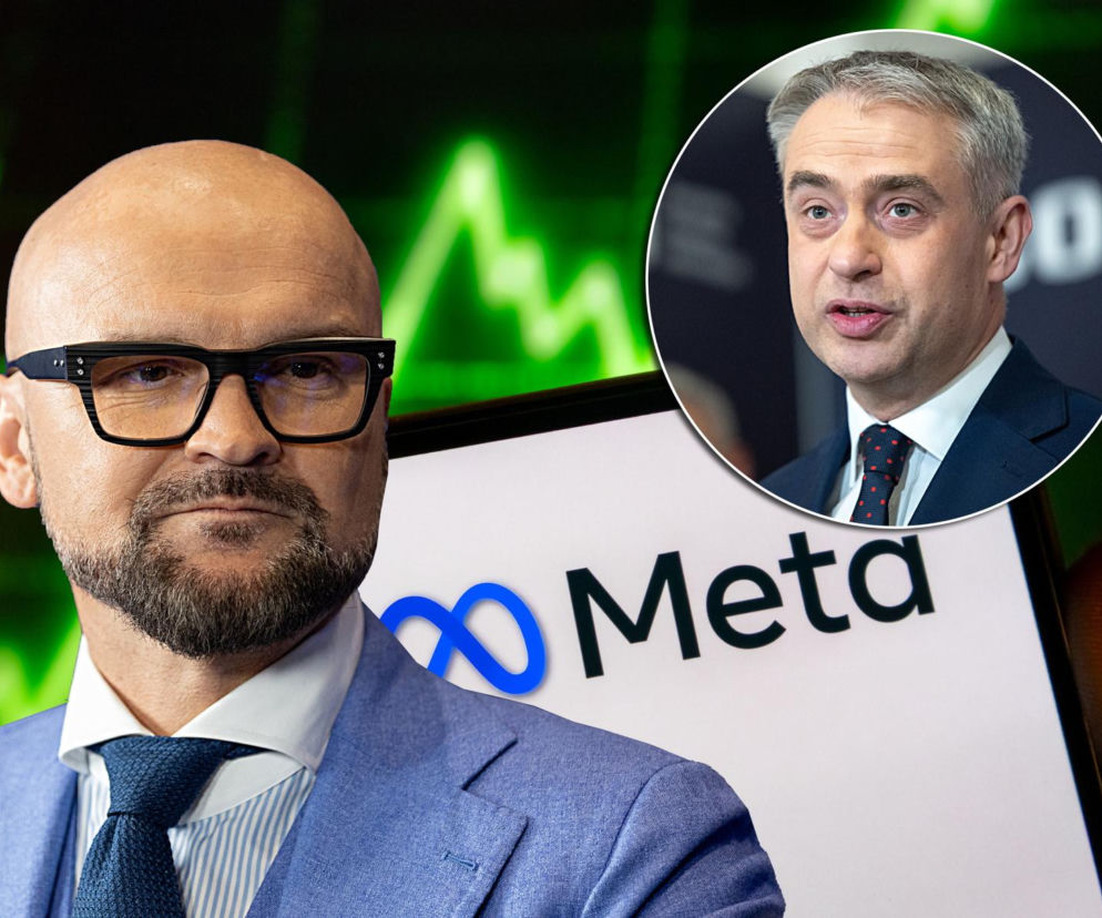 Rafał Brzoska na tle logo Meta, obok w miniaturze Krzysztof Gawkowski. O walce z oszustwami przeczytasz w Eska.