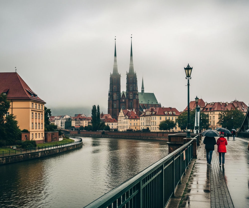 Na pierwszym planie, z prawej strony, grupa osób spaceruje po mokrym chodniku, na którym odbijają się ich sylwetki i parasole, co wskazuje na niedawny deszcz. Dominują ciemne kolory ubrań, przerywane czerwonymi akcentami kurtki i parasola. Z lewej strony ciągnie się metalowa balustrada mostu.

W centrum obrazu widać rzekę o ciemnych, wzburzonych wodach, biegnącą między zabudowaniami, z zielonymi brzegami po lewej stronie. W tle górują dwie wysokie, smukłe wieże gotyckiego kościoła, o ciemnych ścianach i ostrych szczytach, otoczone przez budynki o czerwonych dachach.

Niebo jest szare i zachmurzone, a ogólny nastrój zdjęcia jest stonowany, z dominacją ciemnych zieleni, brązów i szarości, kontrastującymi z ciepłymi barwami niektórych budynków i dachów.