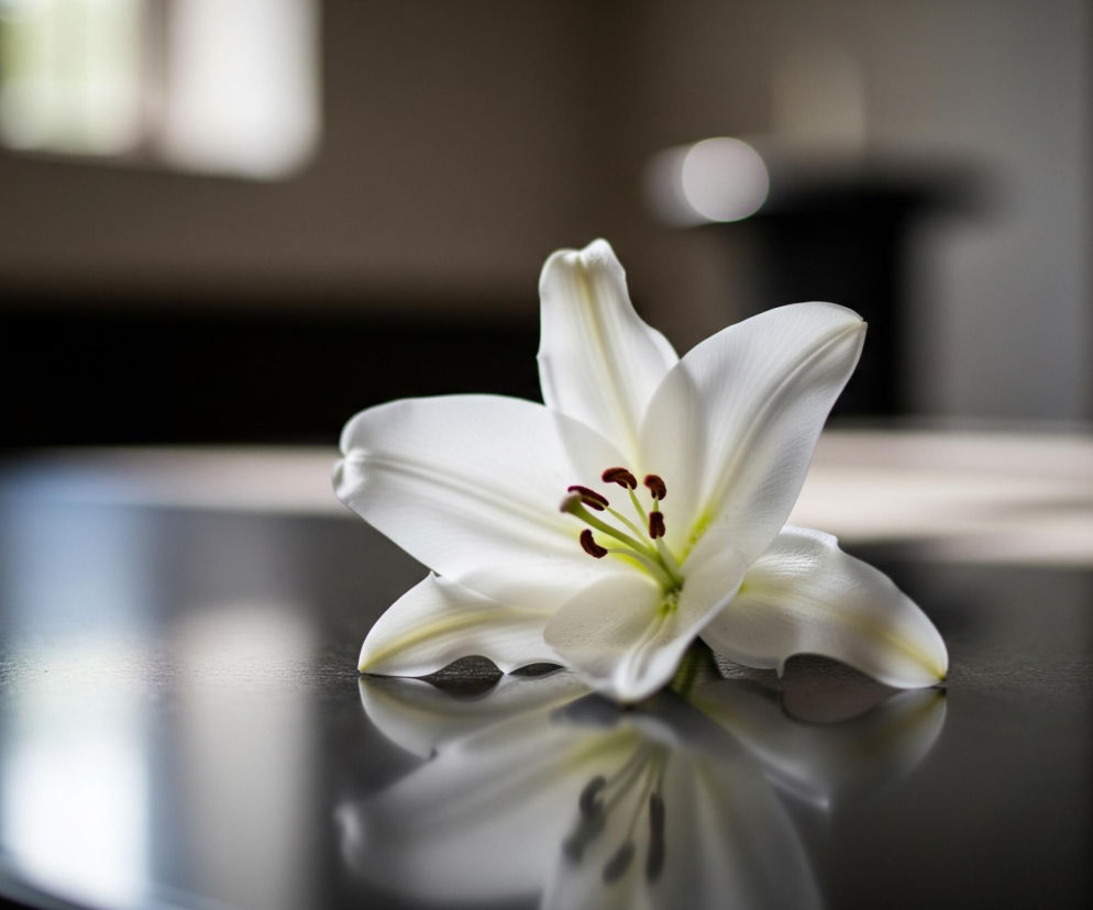 Biała lilia z zielonymi pręcikami i bordowymi pylnikami leży na ciemnej, lśniącej powierzchni. Kwiat skierowany jest delikatnie w prawo, jego płatki są lekko pofałdowane, a cała struktura jest dobrze oświetlona, co podkreśla jego jasny kolor. Pod lilią widoczne jest jej wyraźne, rozmyte odbicie na błyszczącej powierzchni, która częściowo odbija również światło z lewej strony kadru. Tło jest rozmyte, utrzymane w ciemnych, szaro-brązowych barwach, z jaśniejszymi, rozmazanymi plamami światła, sugerującymi okna lub inne źródła światła w oddali.