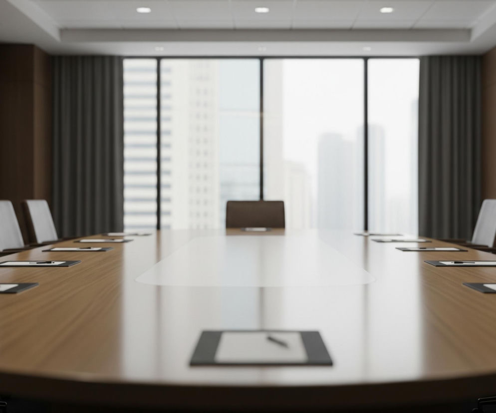 Wydłużony, owalny stół konferencyjny z jasnego drewna, zajmuje centralną część pomieszczenia, wokół niego ustawione są fotele z ciemnej, skórzanej tapicerki. Na stole rozmieszczono czarne podkładki z białymi kartkami i długopisami, sugerujące przygotowanie do spotkania. W tle, na wprost stołu, znajduje się duże okno od podłogi do sufitu, z którego widać zamazane sylwetki wysokich budynków miejskich, a po jego bokach wiszą ciemnoszare zasłony. Po lewej stronie stołu widać fragmenty brązowych paneli ściennych, a po prawej stronie, na białej ścianie, zawieszony jest prostokątny ekran w srebrnej ramie.