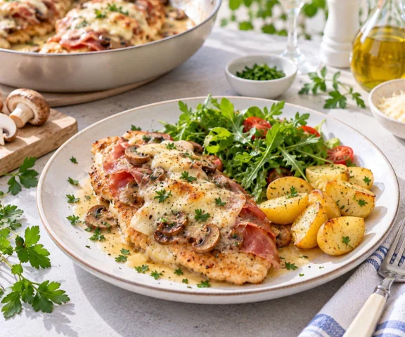 Cienkie filety z kurczaka połącz z prosciutto i serem. Pollo alla Valdostana wygląda jak danie z restauracji
