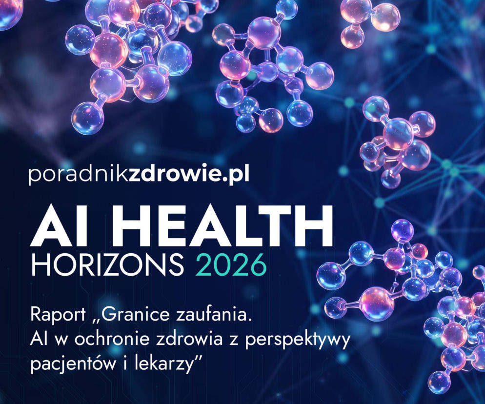 Grafika z cząsteczkami i napisem AI Health Horizons 2026. O raporcie zaufania do AI przeczytasz na Poradnik Zdrowie.