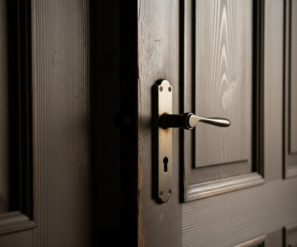Drewniane drzwi w ciemnym odcieniu brązu, lekko uchylone. Centralnie umieszczony jest metalowy, złoto-brązowy klamka z zamkiem w kształcie dziurki od klucza. Powierzchnia drzwi po lewej stronie klamki charakteryzuje się wyraźnym usłojeniem drewna i jaśniejszymi smugami, natomiast prawa strona, oddalająca się od widza, ukazuje panele z ramkami i gładką fakturą. Ciemne cienie dominują w tle i wzdłuż krawędzi drzwi, tworząc kontrast z rozjaśnionym obszarem wokół klamki.