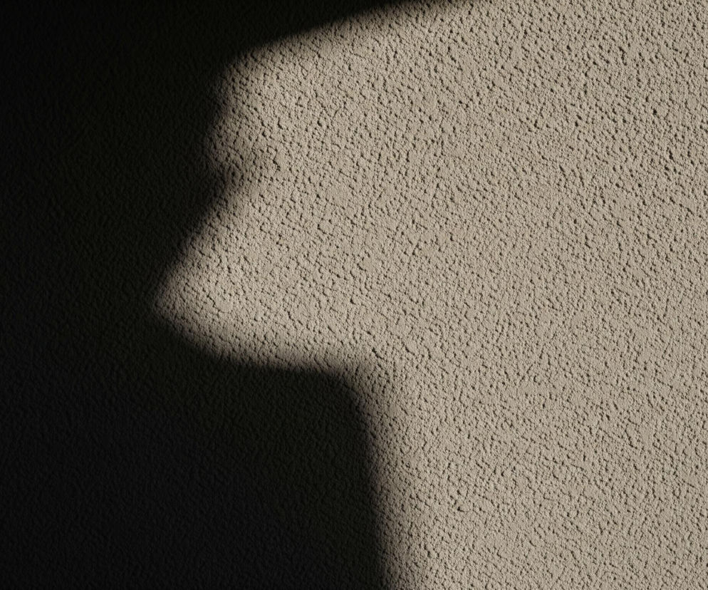 Na beżowej, ziarnistej ścianie rzuca się ciemny cień, zajmujący lewą część kadru. Cień jest wydłużony i posiada kształt, który można interpretować jako zarys postaci ludzkiej z wyraźnie zarysowaną głową i ramionami. Górna krawędź cienia jest prosta i pozioma, natomiast dolna krawędź cienia na dole po lewej stronie jest ukośna. Powierzchnia ściany charakteryzuje się nierówną, teksturowaną fakturą.