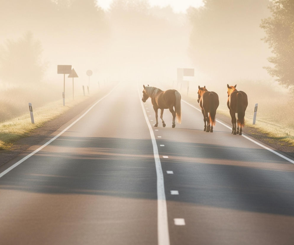 Trzy brązowe konie idą drogą asfaltową, z lewej strony znajduje się jeden koń z jasną grzywą i ogonem, a z prawej strony bliżej siebie idą dwa konie. Droga ma po bokach białe linie ciągłe i przerywane linie oddzielające pasy, na jezdni widoczne są cienie. Po obu stronach drogi rosną zielone trawy, a za nimi drzewa i krzewy częściowo zasłonięte gęstą mgłą, która nadaje scenie złocisty odcień. W tle widać znaki drogowe zanikające w mgle, po prawej stronie drogi stoją biało-czarne słupki.