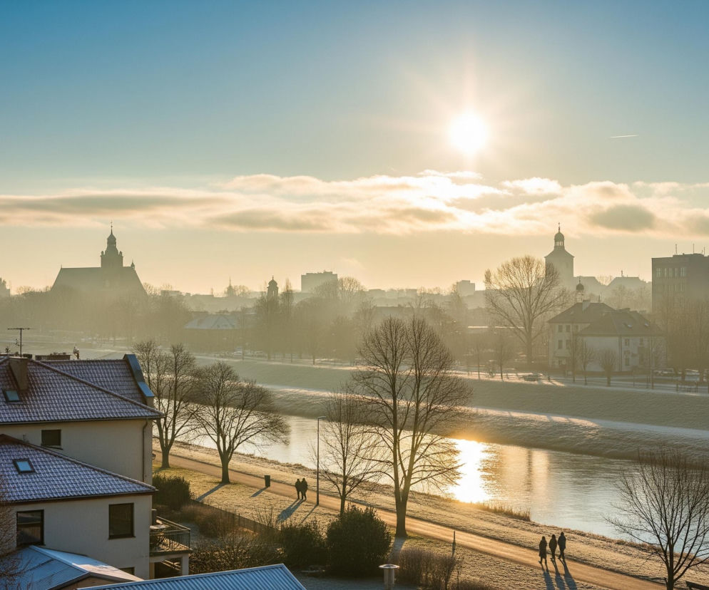 Jasne, zimowe słońce z wyraźną poświatą dominuje w górnej, środkowej części nieba, które przechodzi od błękitu na samej górze do jasnego, ciepłego odcienia żółci i pomarańczu bliżej horyzontu. Poniżej rozciąga się miejski krajobraz z wyraźną linią horyzontu, na której widać zarys wielu budynków, w tym dwa z wysokimi, spiczastymi wieżami, przypominającymi kościoły, otoczone mgłą.

Na pierwszym planie, w lewej części kadru, znajdują się dachy pokryte śniegiem i szronem, a także nagie drzewa bez liści, ukazujące wyraźne gałęzie. Rzeka, biegnąca wzdłuż środka obrazu, odbija złociste światło słońca, tworząc długie, lśniące pasmo. Wzdłuż prawego brzegu rzeki, na zamarzniętej trawie i ścieżce, widać kilka osób, rzucających długie cienie w kierunku obserwatora.