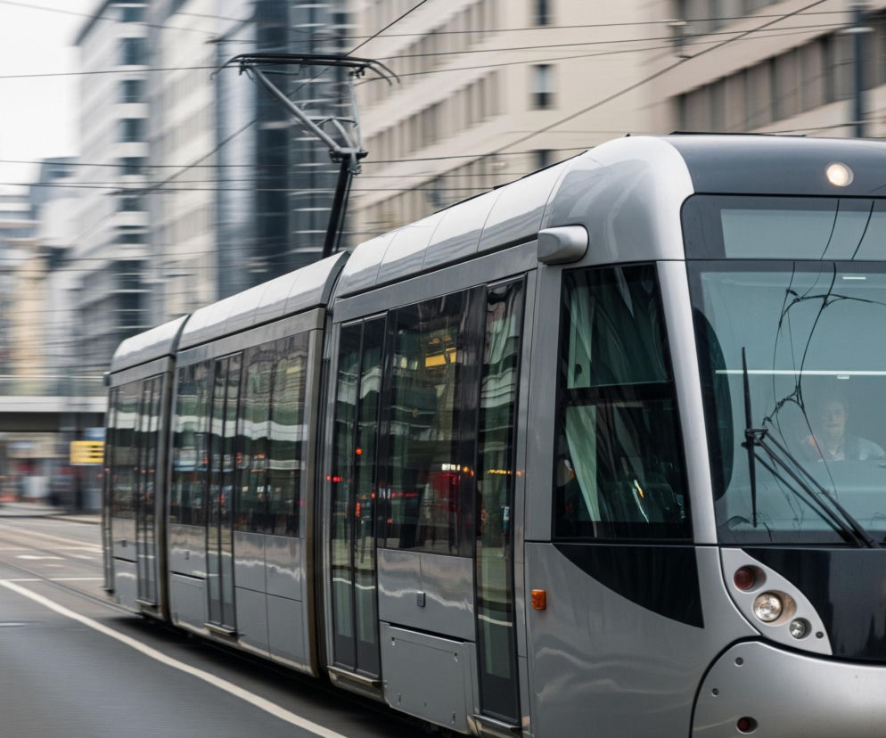 Srebrno-czarny tramwaj porusza się po szynach w miejskim otoczeniu, tworząc dynamiczne rozmycie tła. Z przodu pojazdu widoczne są reflektory i czołowa szyba, za którą siedzi kierowca. Po prawej stronie drogi widać tory tramwajowe i linie rozdzielające pasy ruchu, natomiast w tle znajdują się rozmazane budynki i infrastruktura miejska.