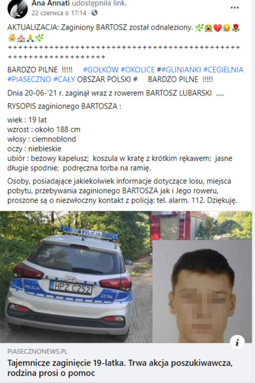 Bartosz poszedł zbierać gąsienice, znaleźli go na dnie stawu 