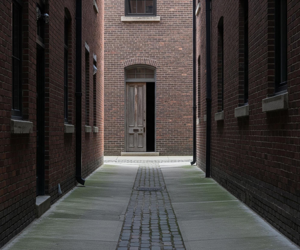 Wąskie przejście biegnie prosto, prowadząc do otwartych drewnianych drzwi z łukowym nadprożem, widocznych na końcu. Po obu stronach przejścia wznoszą się wysokie ściany z ciemnobrązowej cegły, z pojedynczymi czarnymi oknami umieszczonymi na różnych wysokościach. Na chodniku, który jest częściowo pokryty zielonkawym nalotem, znajduje się centralny pas z kostki brukowej, prowadzący w kierunku drzwi, a na lewej ścianie widoczna jest czarna rura spustowa.